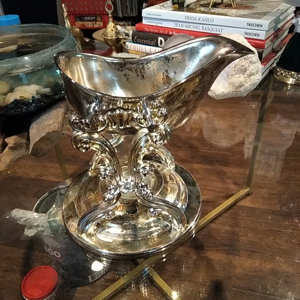 Vintage Antique FB Rogers Silver-Plated Gravy Boat with Warming Stand